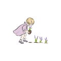 Girl plants lavender.